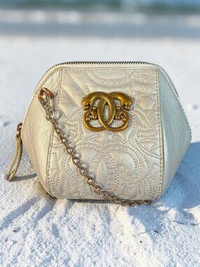 Sharif Legacy Vintage Leather Embroidered Clamshell Crossbody Shoulder Bag